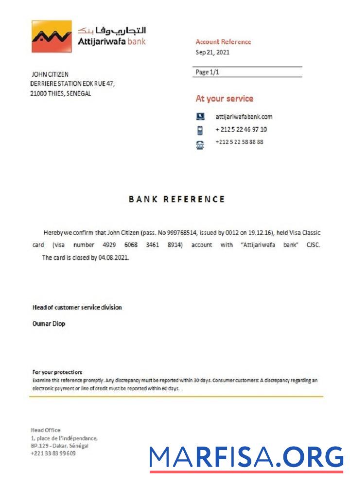 Blank Senegal Attijariwafa bank closure reference sample